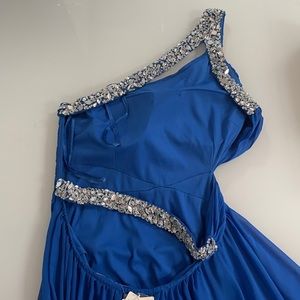 One Shoulder Royal Blue Full Length Open Back Formal Gown with Gem Stone Detail